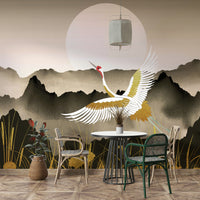 The oriental landscape and sunrise are a central focus of the image.

