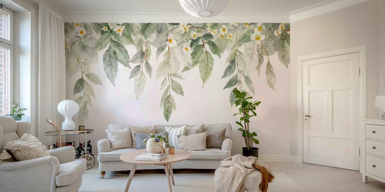 The image shows an artistic impression of a serene floral scene with a cascade of flowers.

