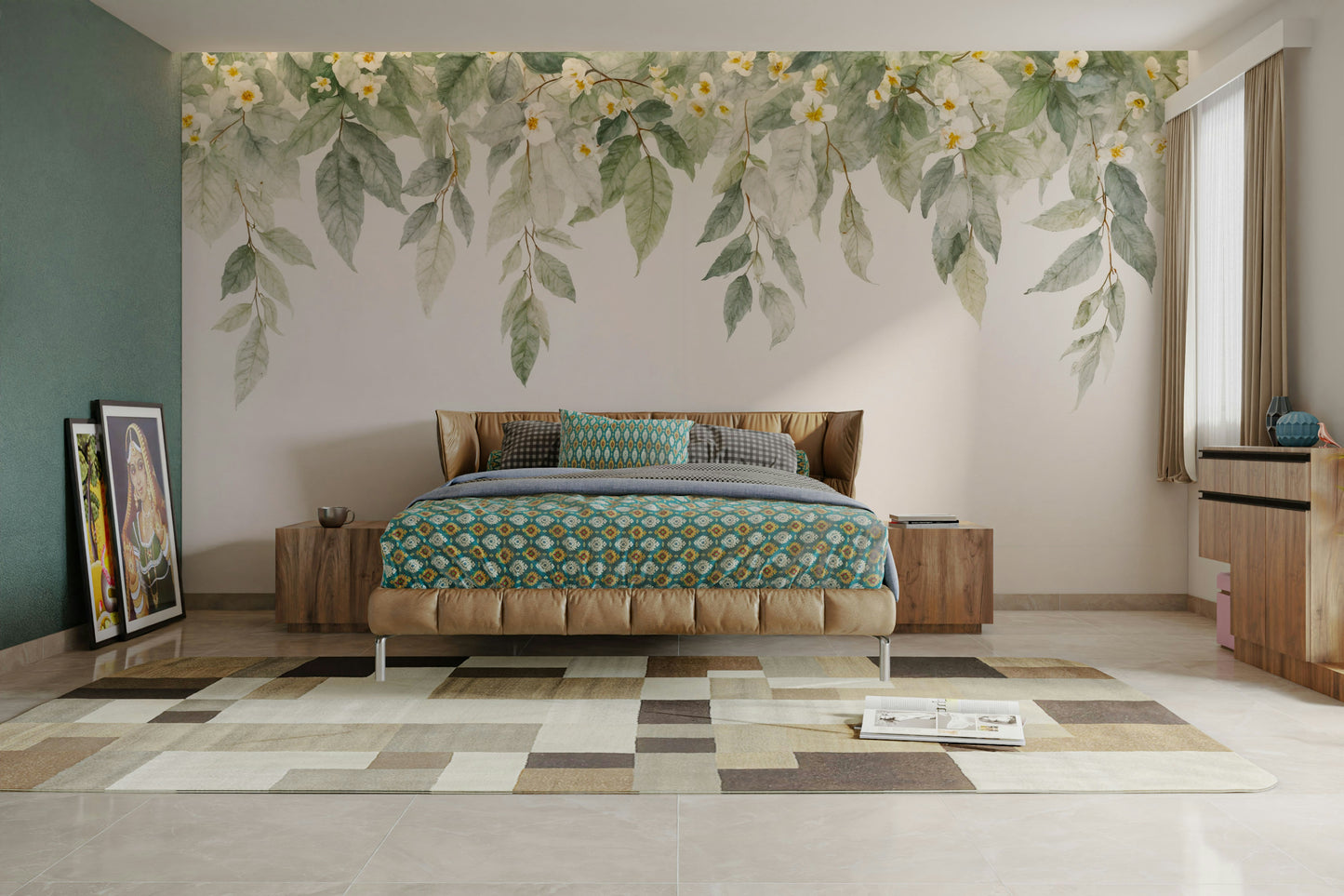 A wall mural of a peaceful floral pattern.

