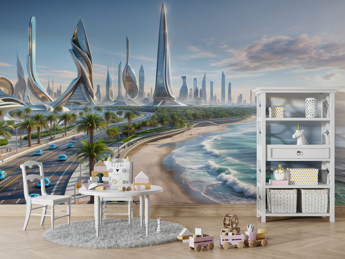 The colors are soft, muted tones of beige, sand, and blue.

