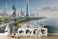 A wall mural of a peaceful coastal cityscape.

