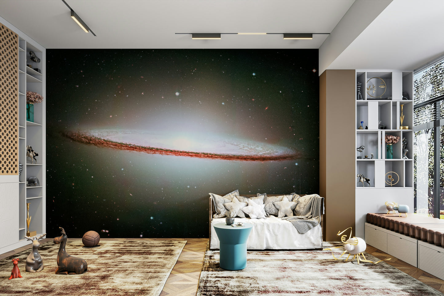 A wall mural of a cosmic landscape.

