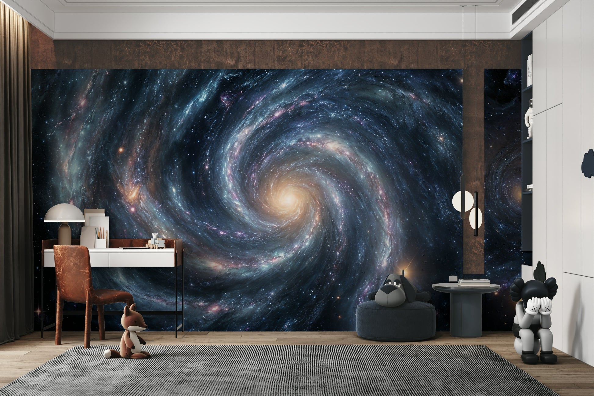 A wall mural of a peaceful galactic pattern.

