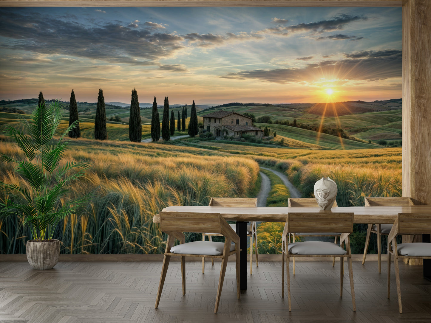 Rolling hills and tall, slender cypress trees dot the landscape.
