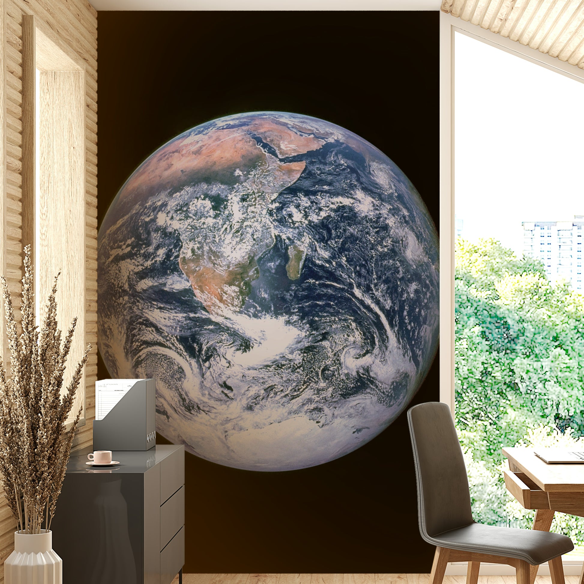 The artistic style is realistic, like a photograph taken from a spacecraft.
