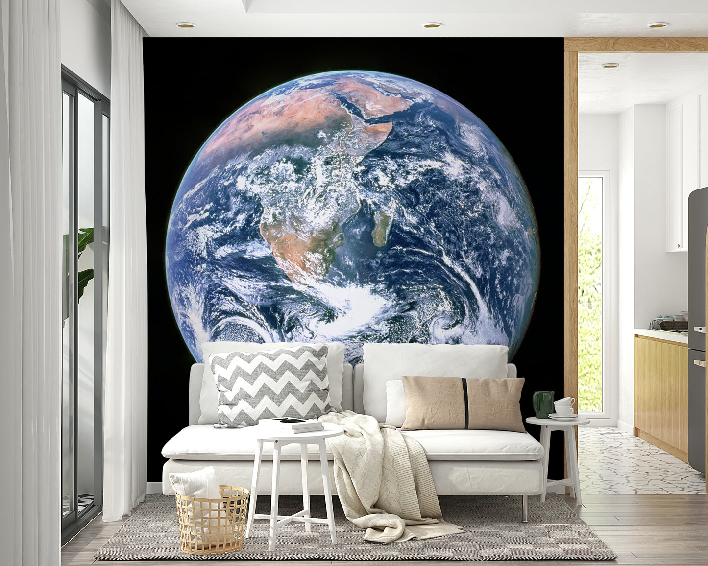 A wall mural of the planet Earth as seen from space.
