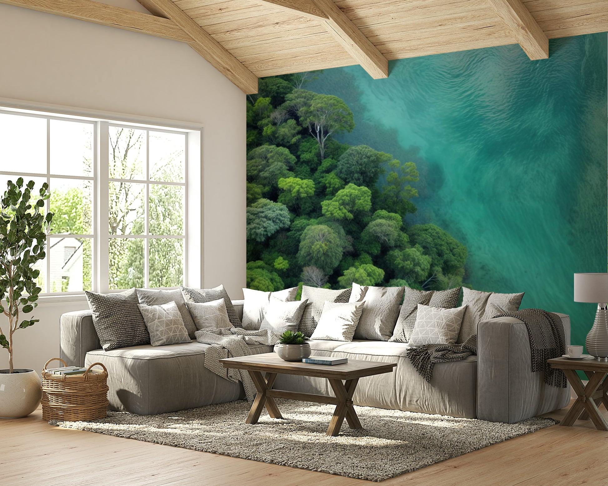 The forest meets a body of clear, light blue or turquoise water.
