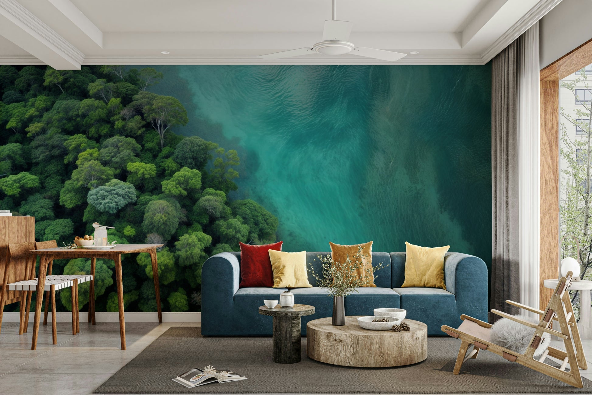 An aerial view wall mural of a dense, green forest.
