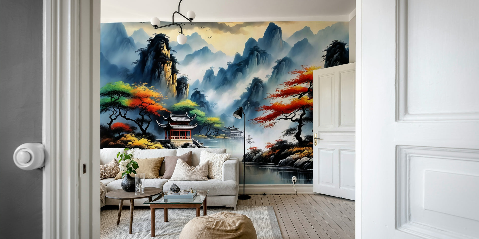 The mural gives the illusion of a window looking out onto a peaceful scene.
