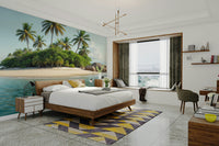 Lush palm trees are visible along the shoreline.
