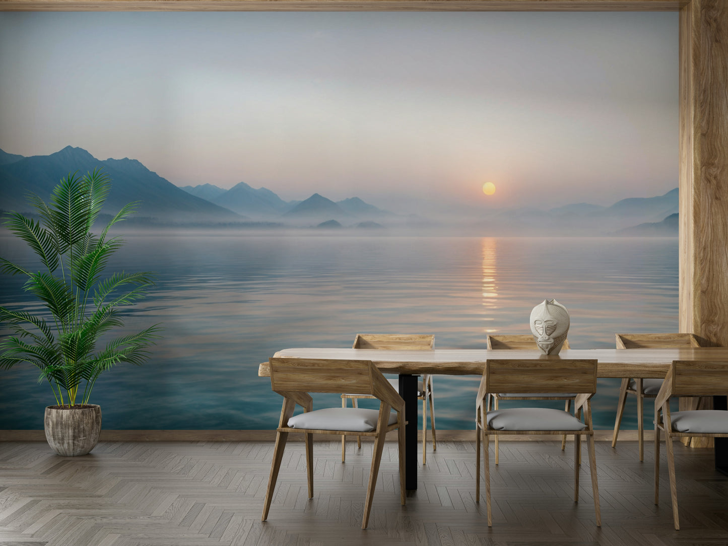 The lighting in the room is soft, complementing the mural's mood.
