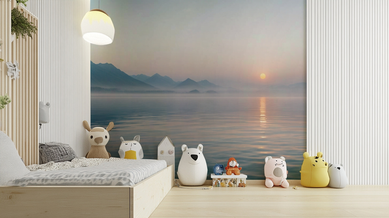 A wide shot of a wall mural showing a sunrise over a misty landscape.
