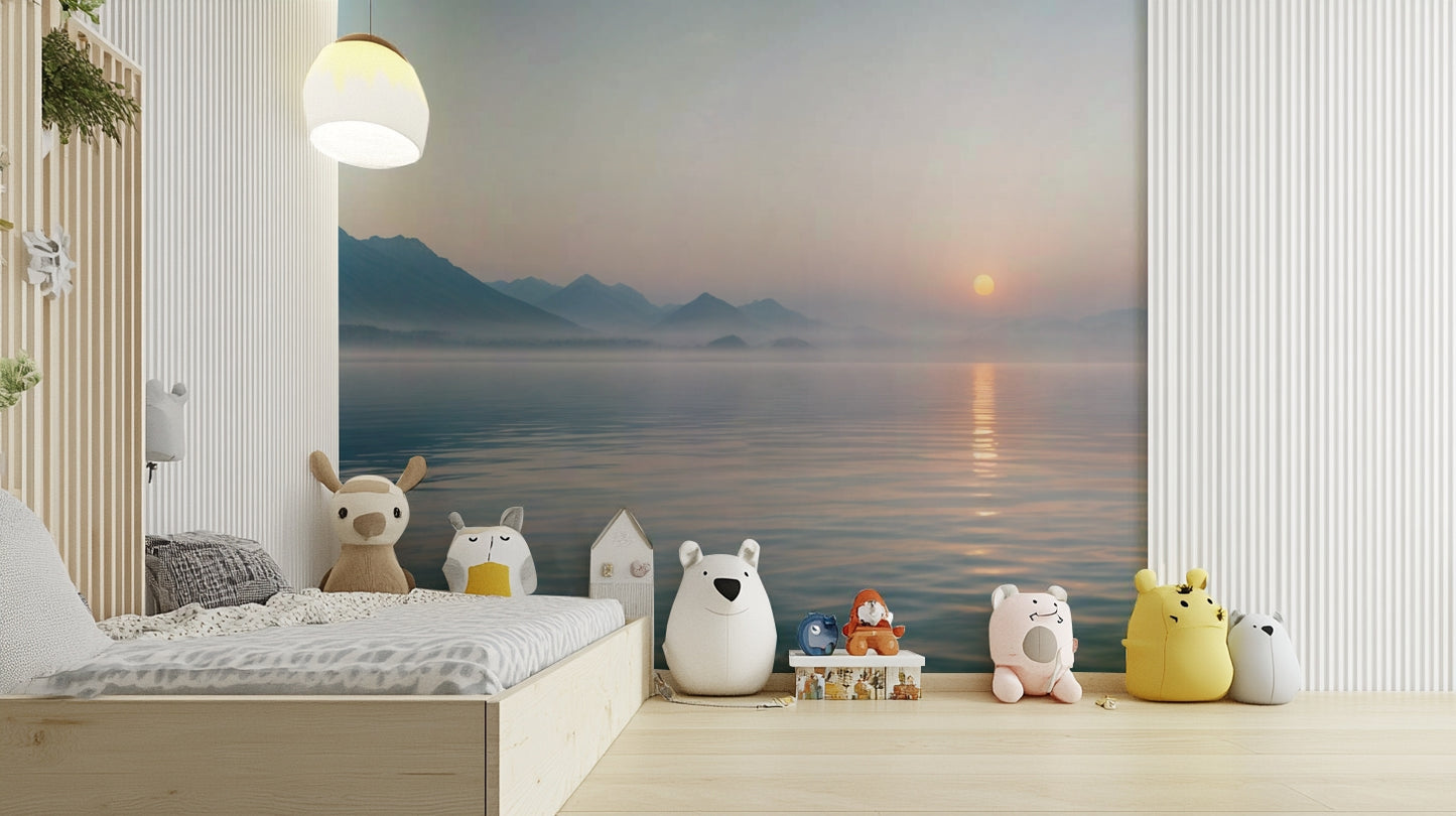 A wide shot of a wall mural showing a sunrise over a misty landscape.
