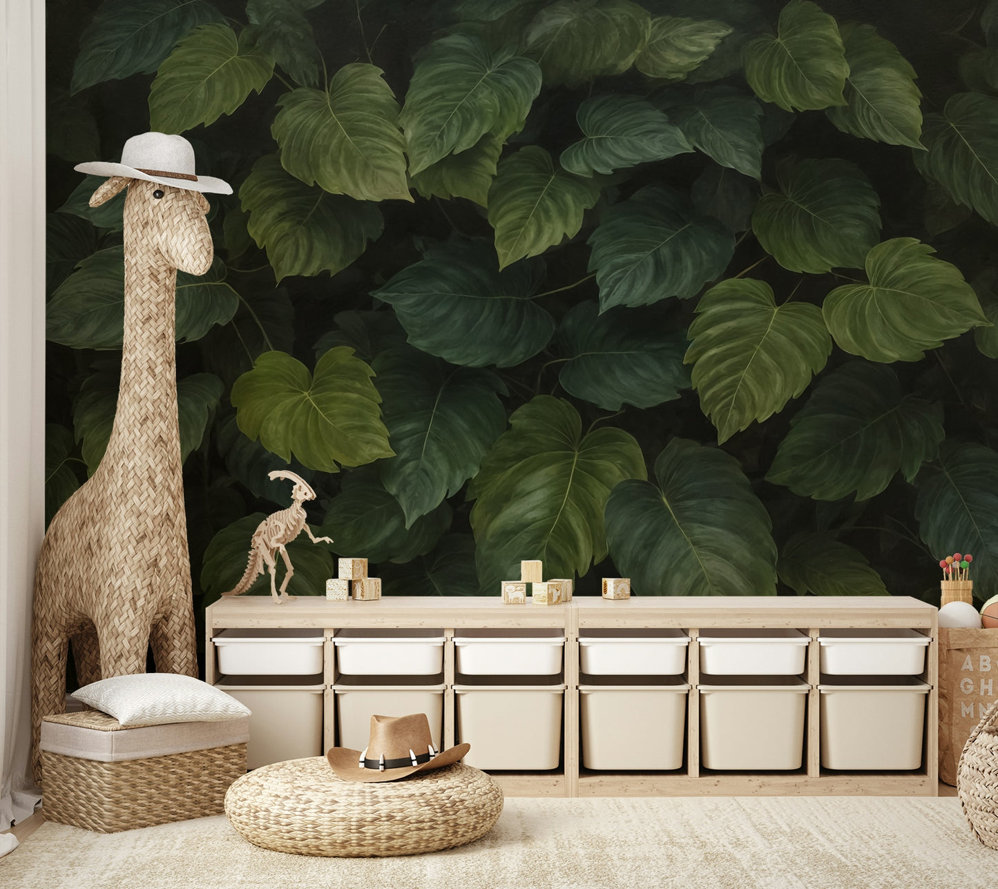 The colors are rich, deep shades of dark forest green.
