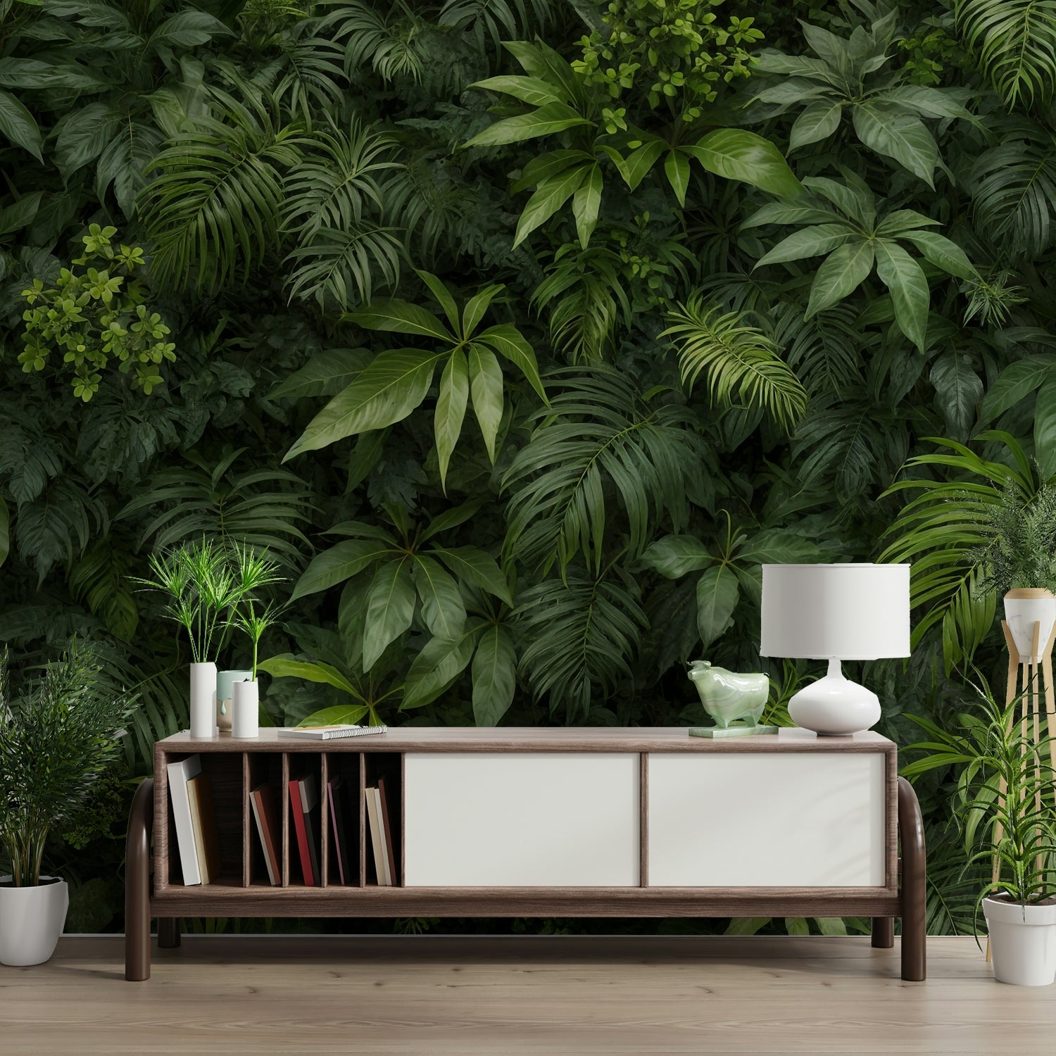 The mural gives the illusion of being surrounded by a wall of plants.
