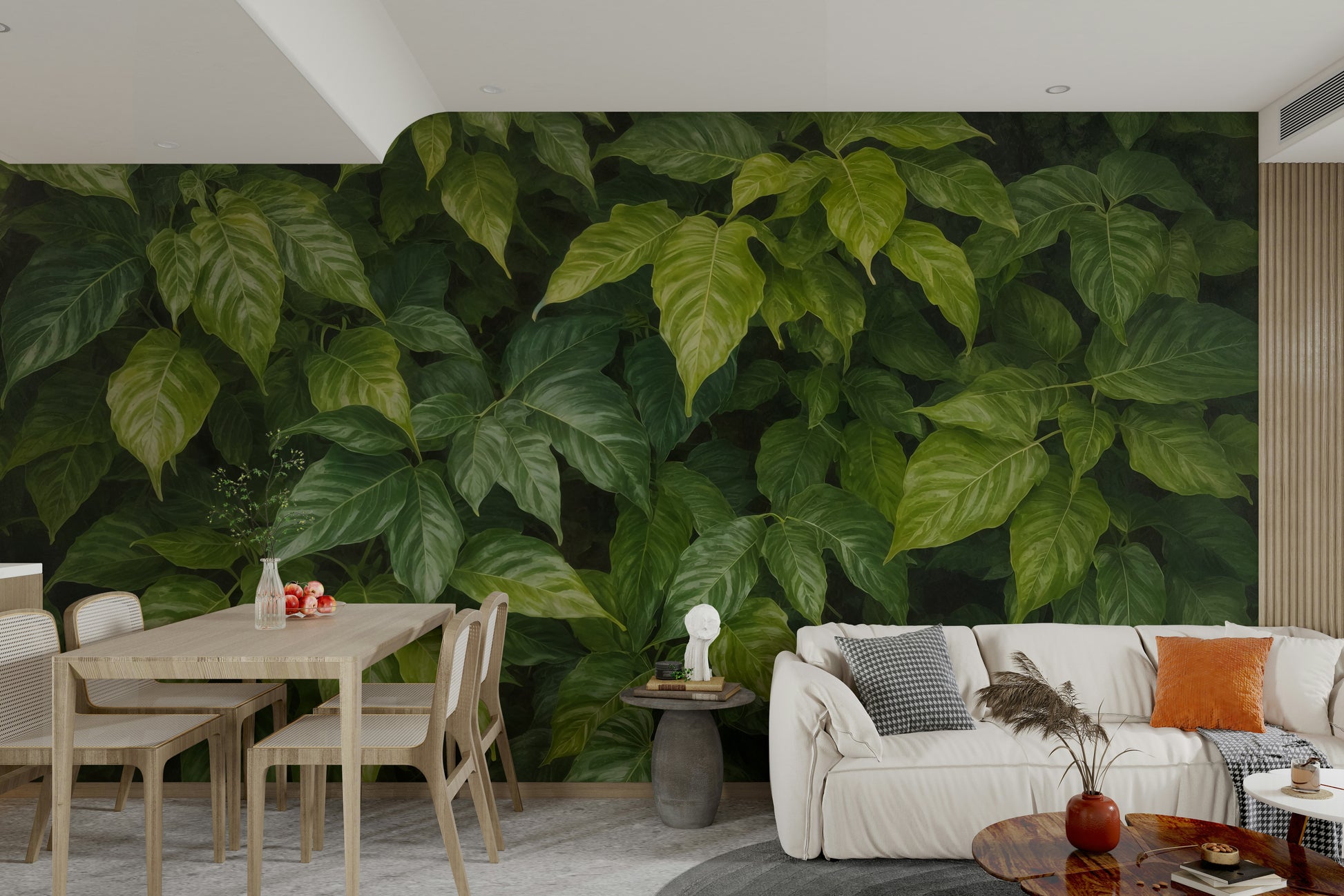 Various types of leaves and tropical plants fill the entire frame.
