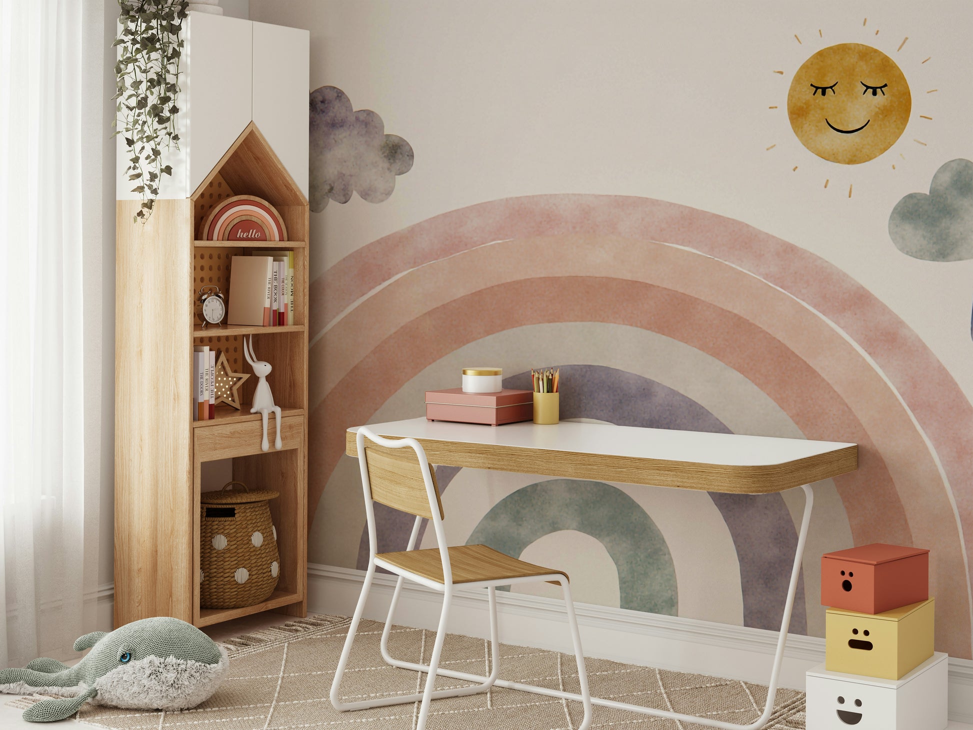 The art style is friendly and cartoonish, perfect for a child's room.
