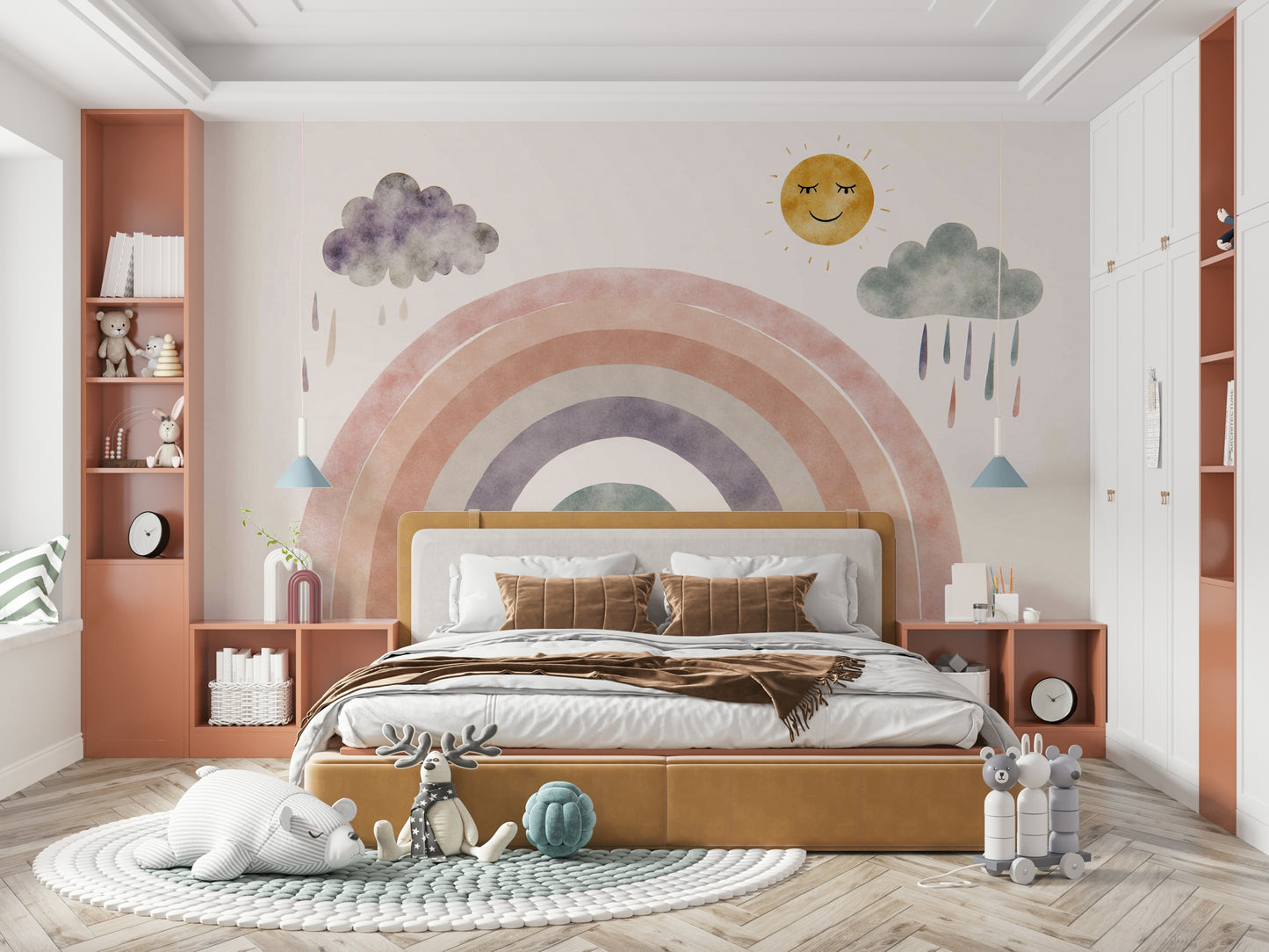 The sun is large and yellow, with simple, cheerful eyes and a mouth.
