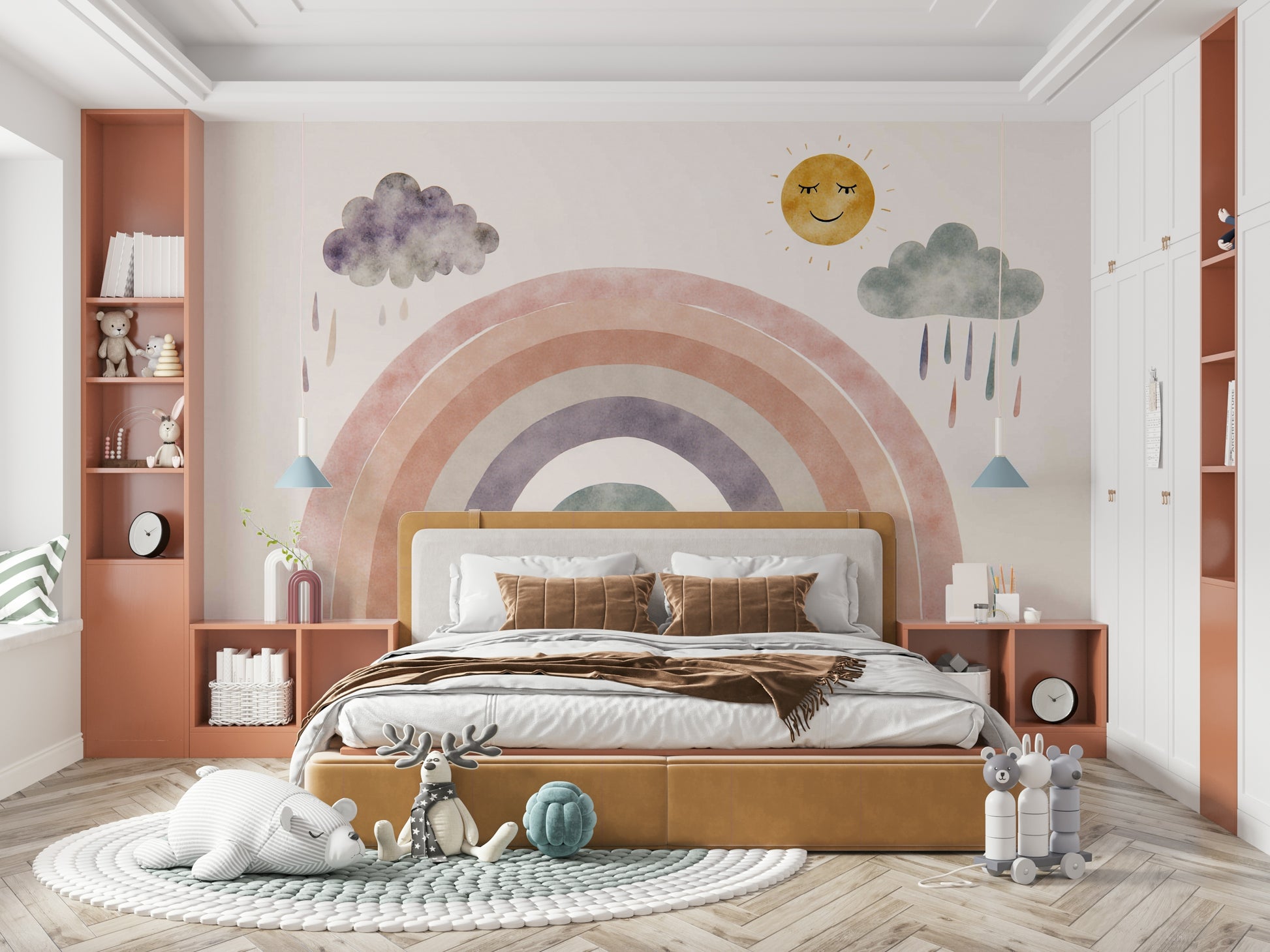 The sun is large and yellow, with simple, cheerful eyes and a mouth.
