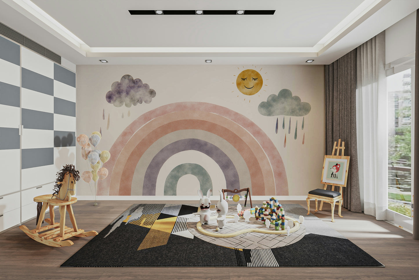 The rainbow is bright, with vibrant colors in a classic arc shape.
