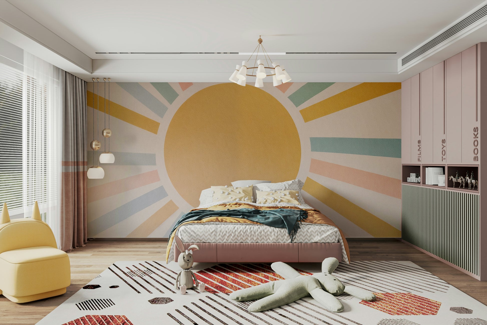 A peaceful landscape, like a meadow or a simple field, is visible.
