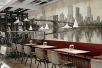 The sky is a soft, peaceful color, like pale blue, pink, or gray.
