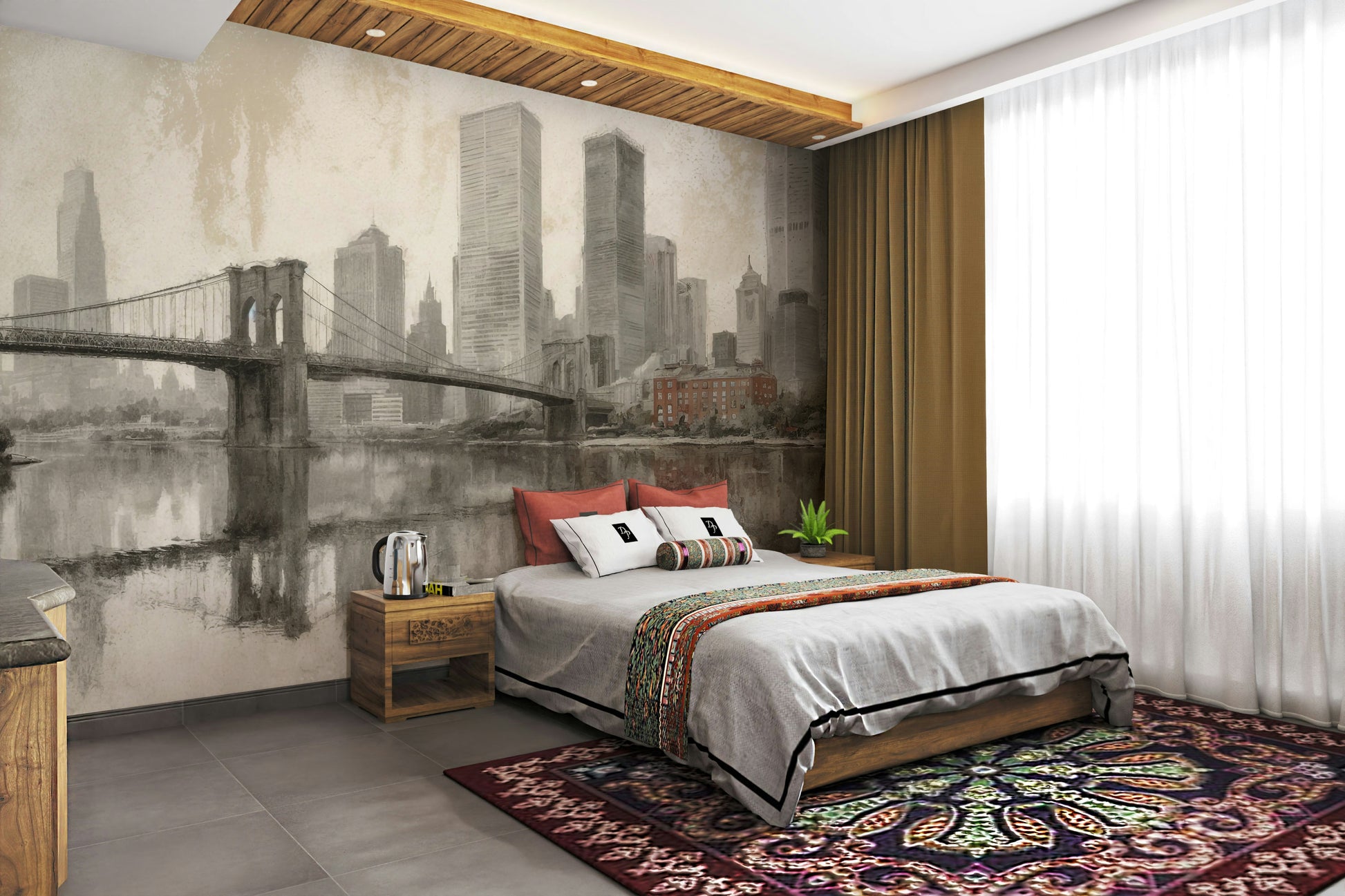 The lighting in the room is soft, complementing the mural's mood.
