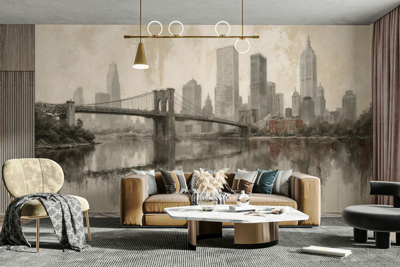 A wide-angle wall mural of a serene city skyline.
