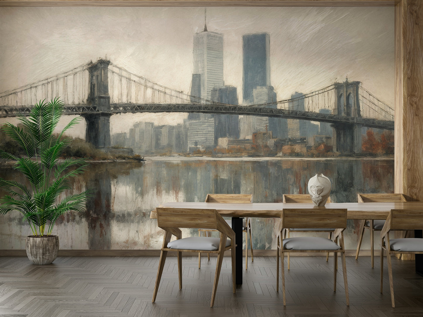 The city is reflected clearly in a body of water in the foreground.
