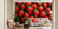 A close-up view of a wallpaper with a strawberry pattern.
