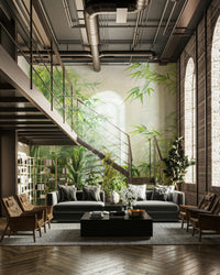 Tall bamboo stalks reach towards the top of the frame.
