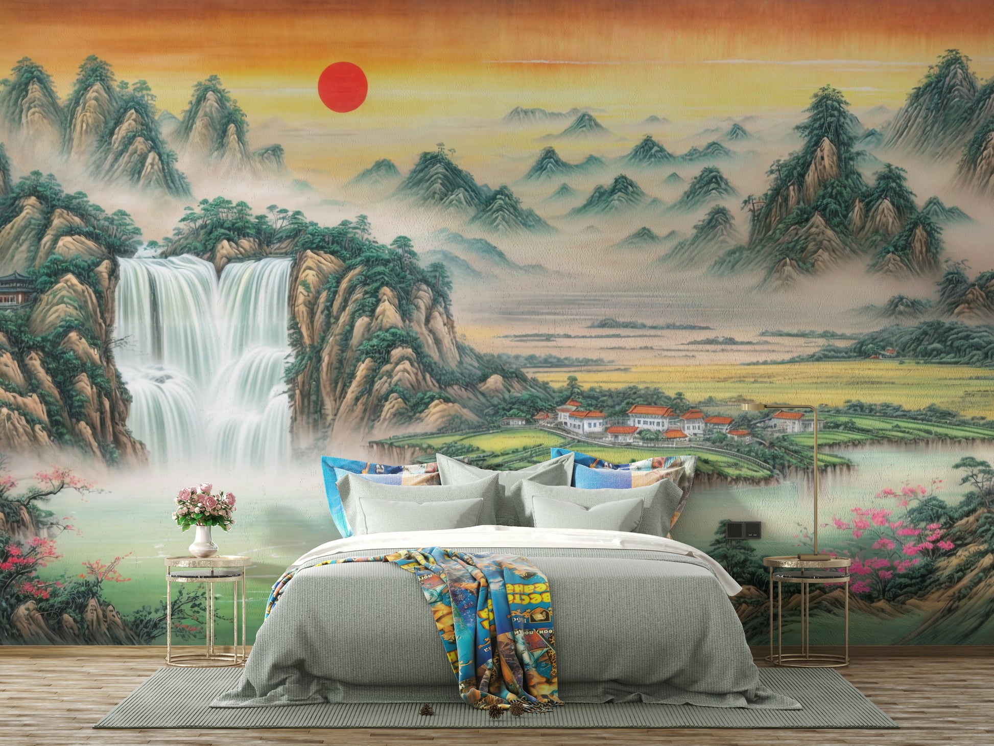 The colors of the sky are a mix of soft orange, pink, and yellow.
