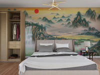 A few silhouetted trees or hills are visible on the horizon.
