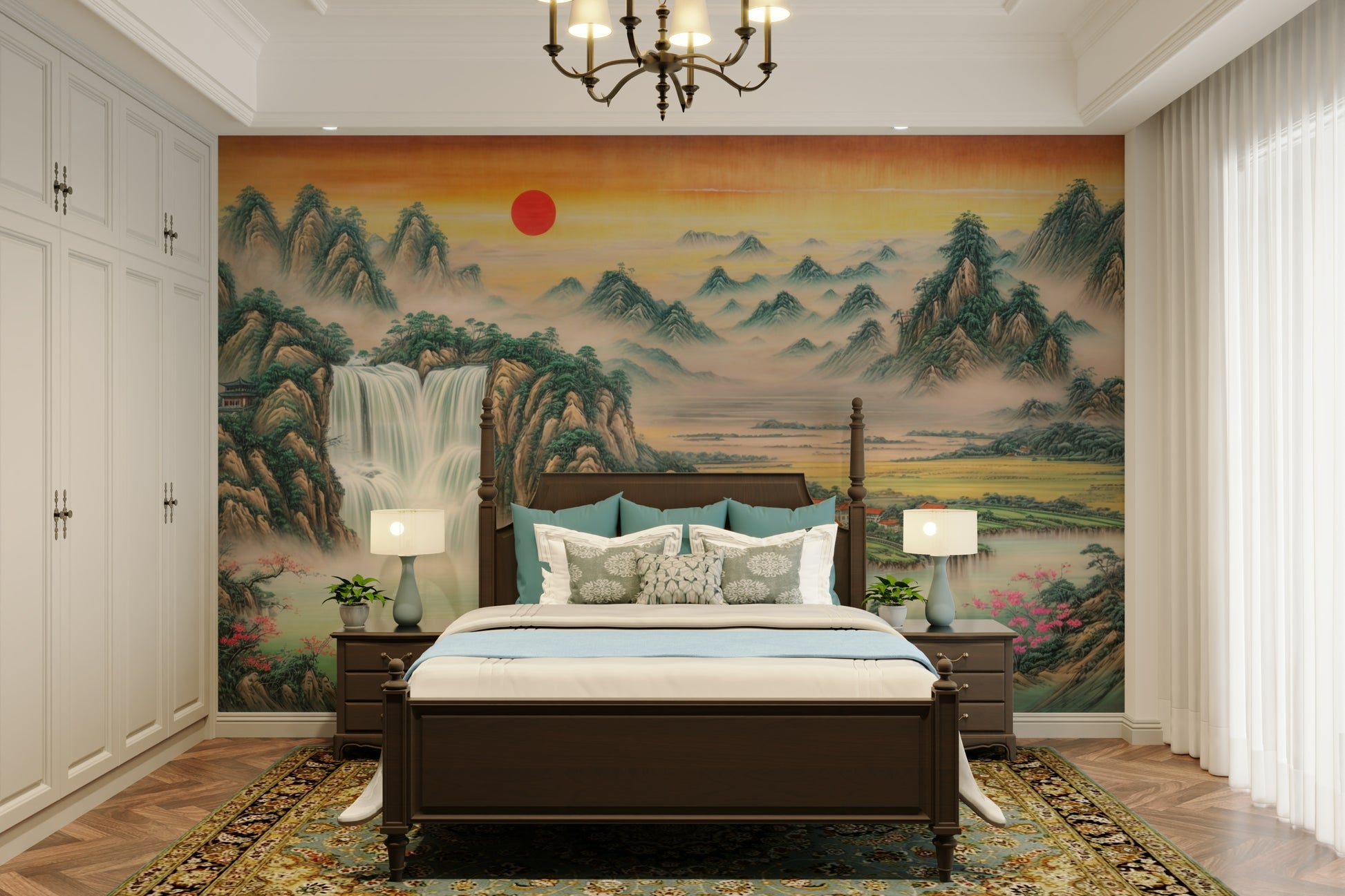 The foreground shows a peaceful field or body of water.
