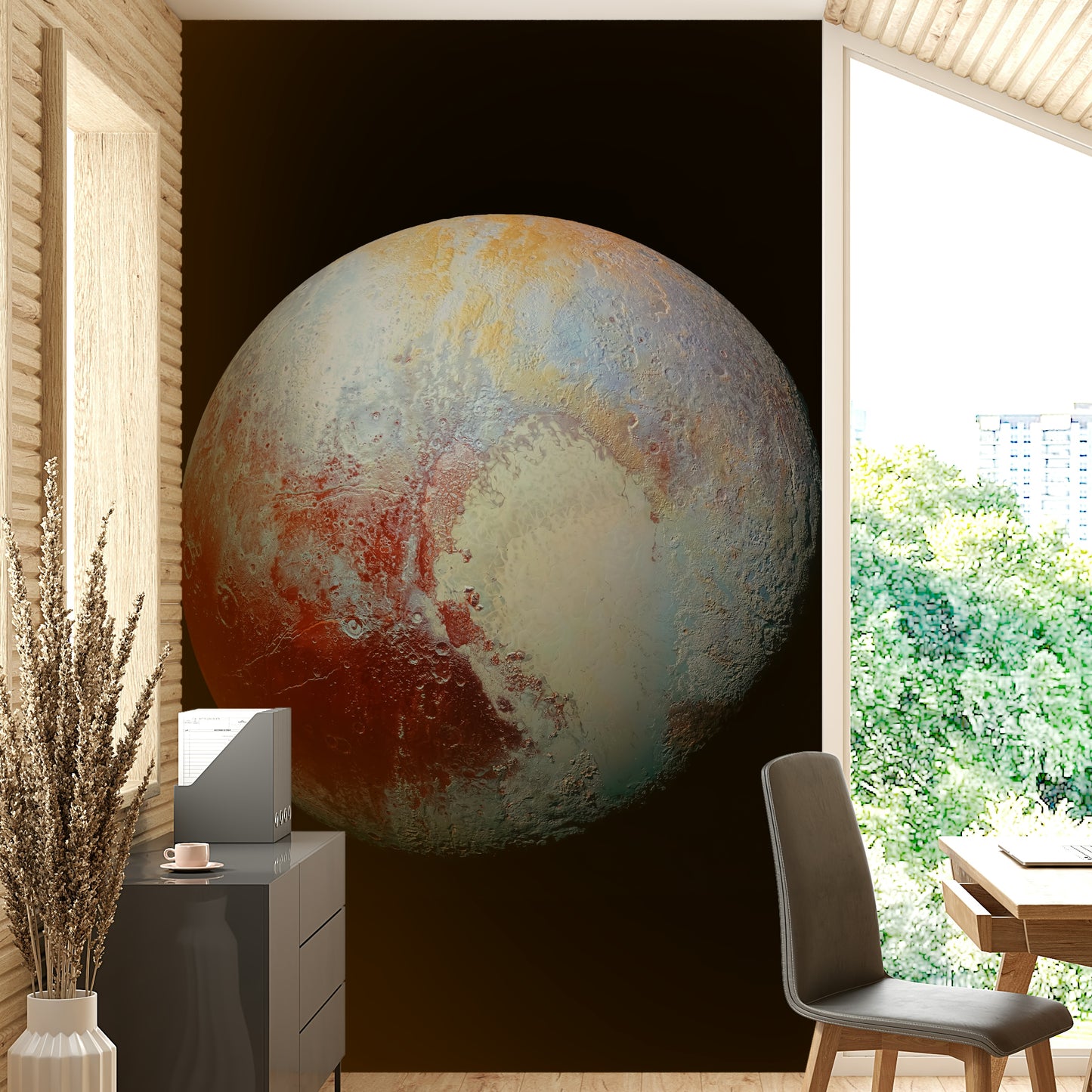 The image shows a full wall with a close-up of the planet Pluto.

