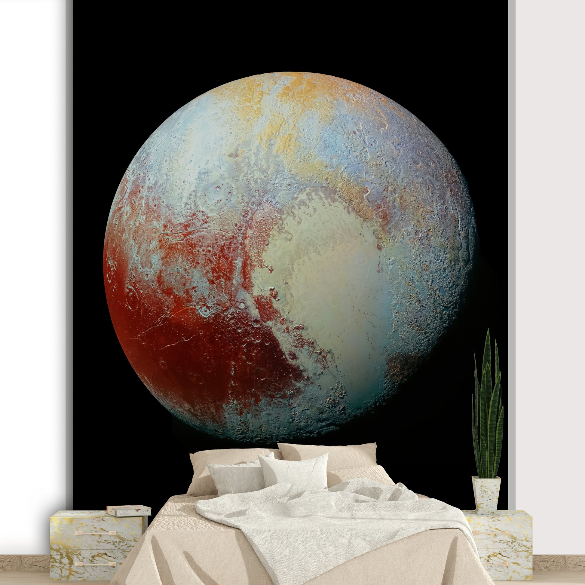 A wall mural featuring a bold, cosmic scene.

