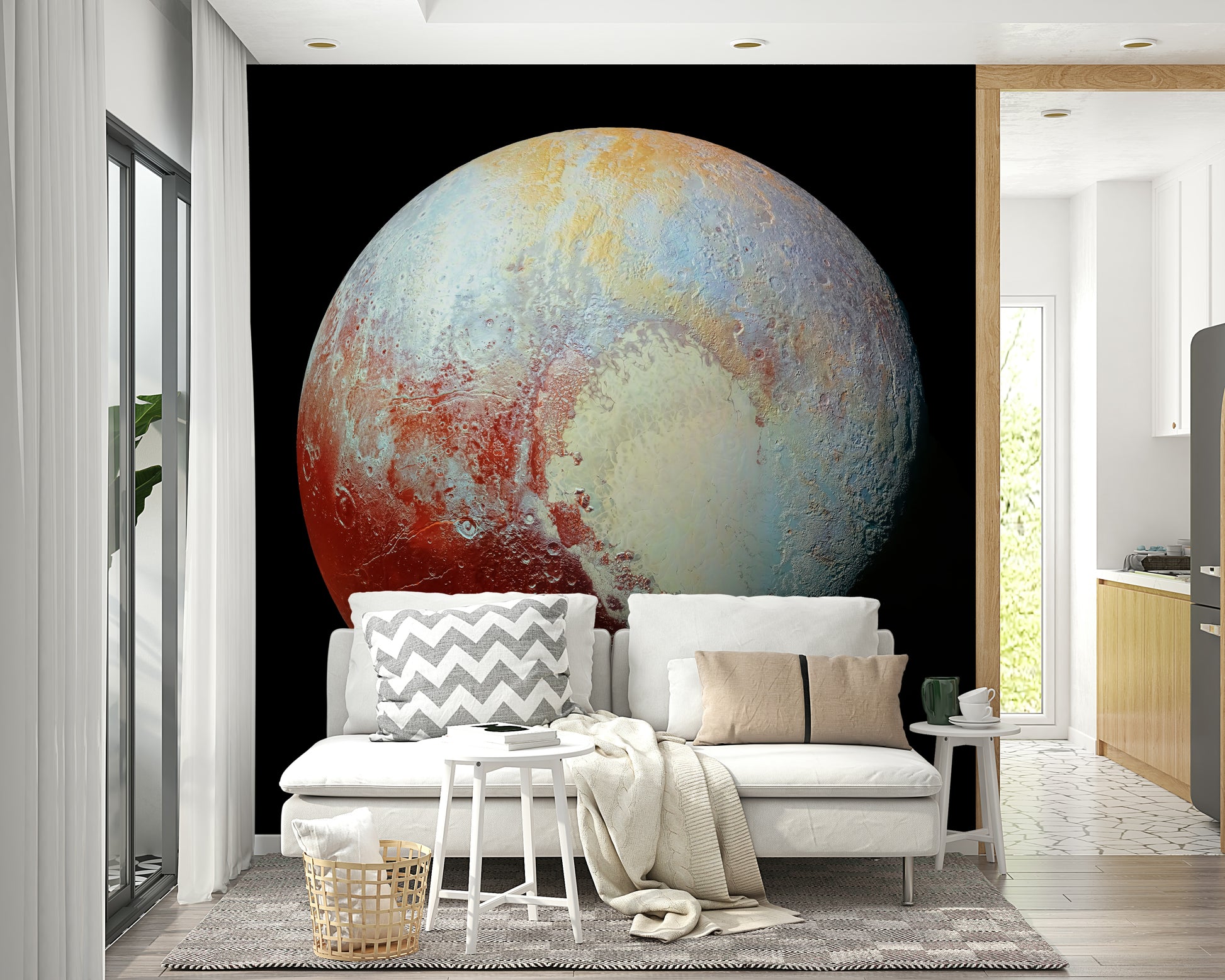 A close-up view shows the fine details of the planet's surface.

