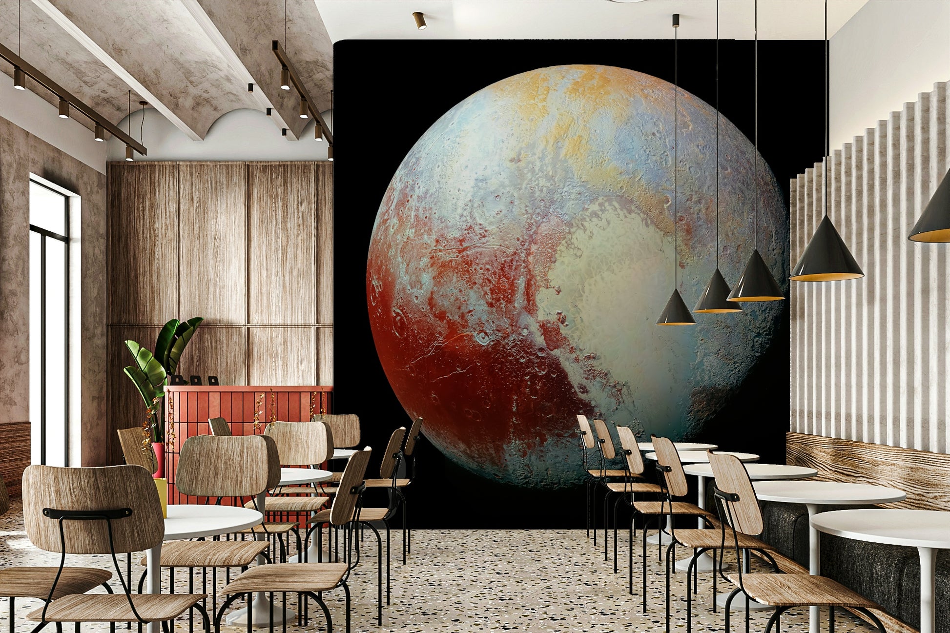 The mural is installed in a modern, eclectic living room.


