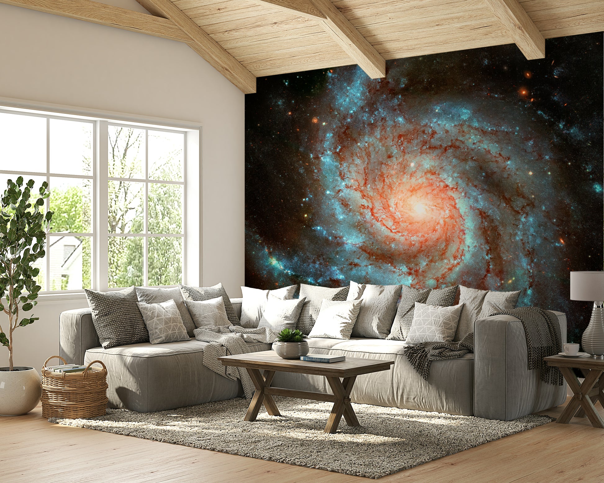 The mural extends across the entire wall, creating a dynamic backdrop.

