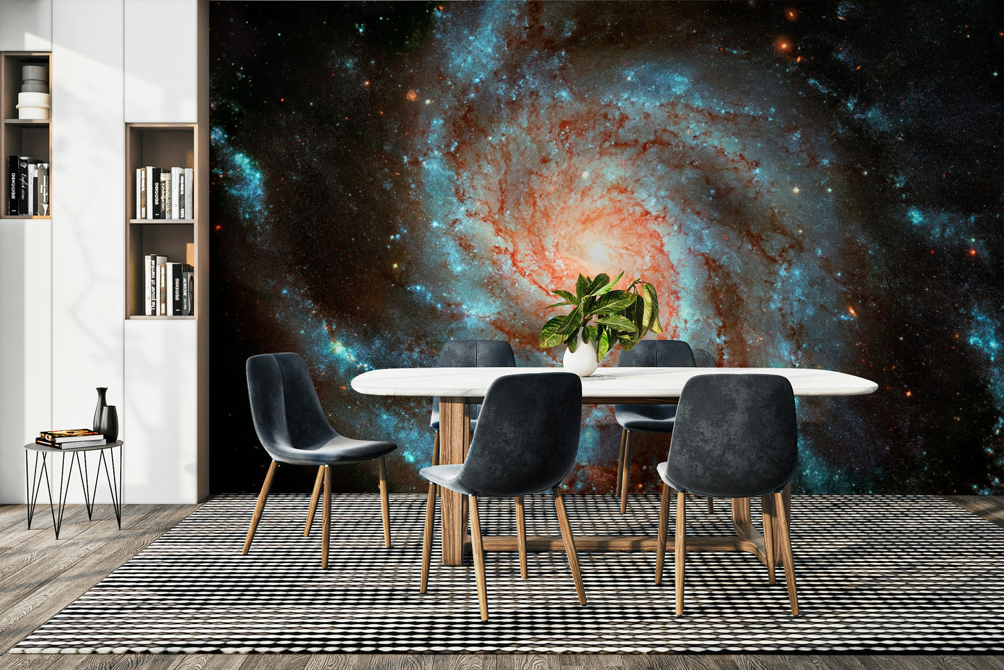 The room's lighting highlights the dramatic feel of the pattern.

