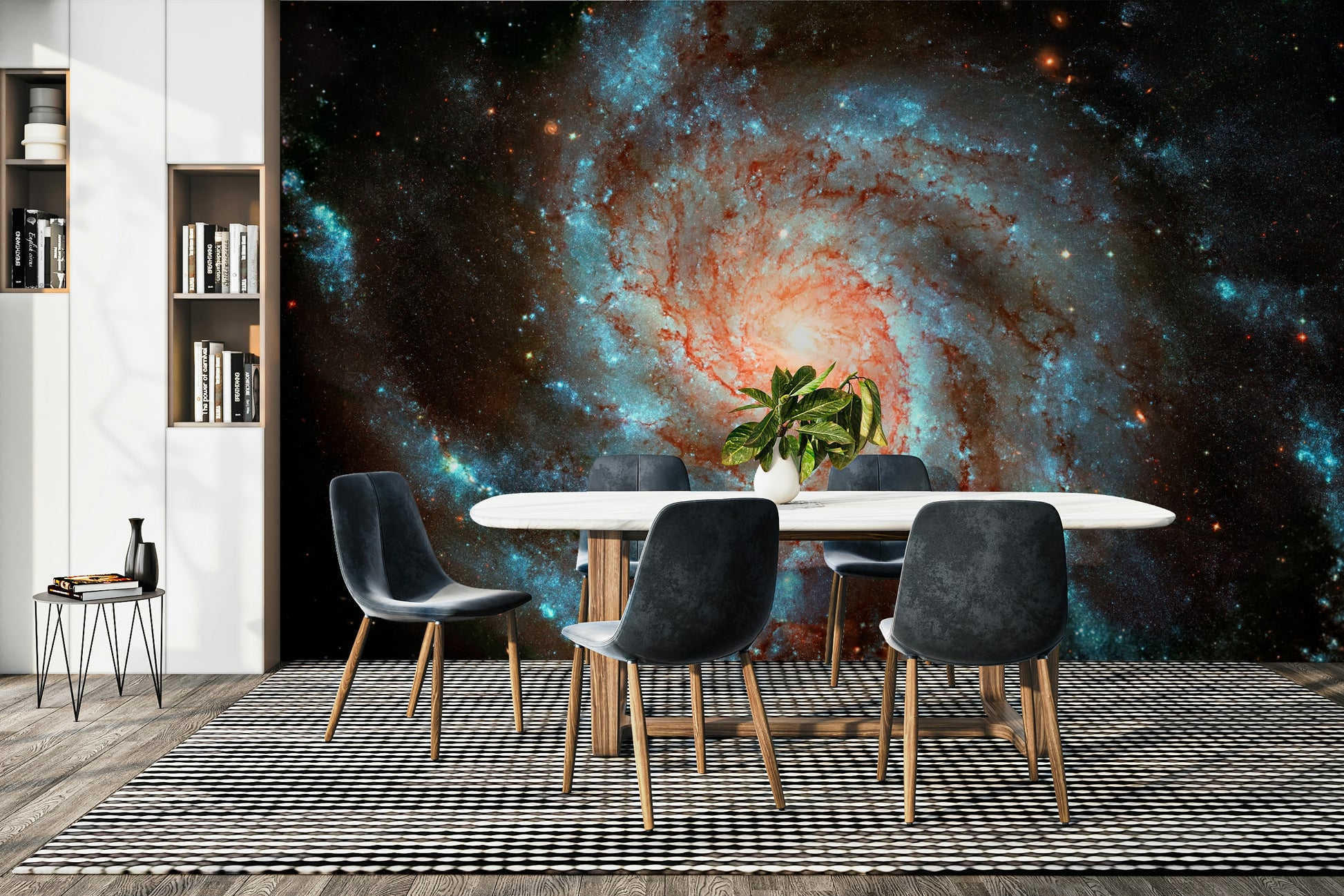 The room's lighting highlights the dramatic feel of the pattern.

