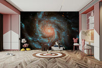 A wall mural featuring a vibrant, cosmic scene.

