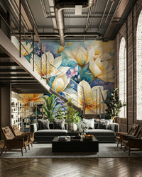 The image shows a full wall with several flowers on a light, peaceful background.

