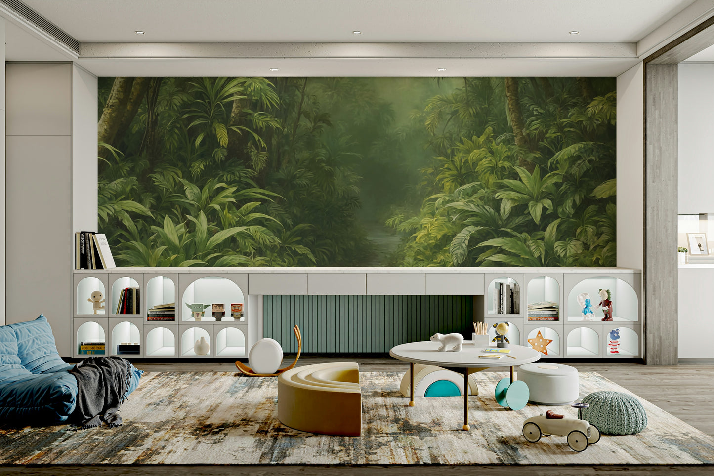 The mural is installed in a modern, quiet living room.

