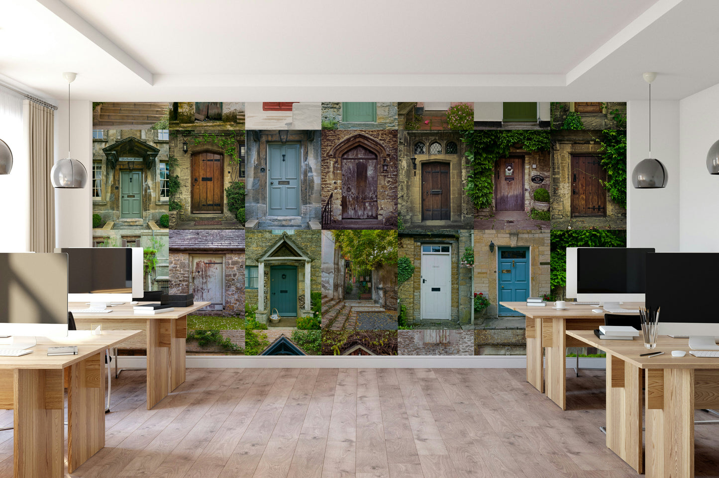 The image shows a full wall with a stone archway leading into a lush garden.

