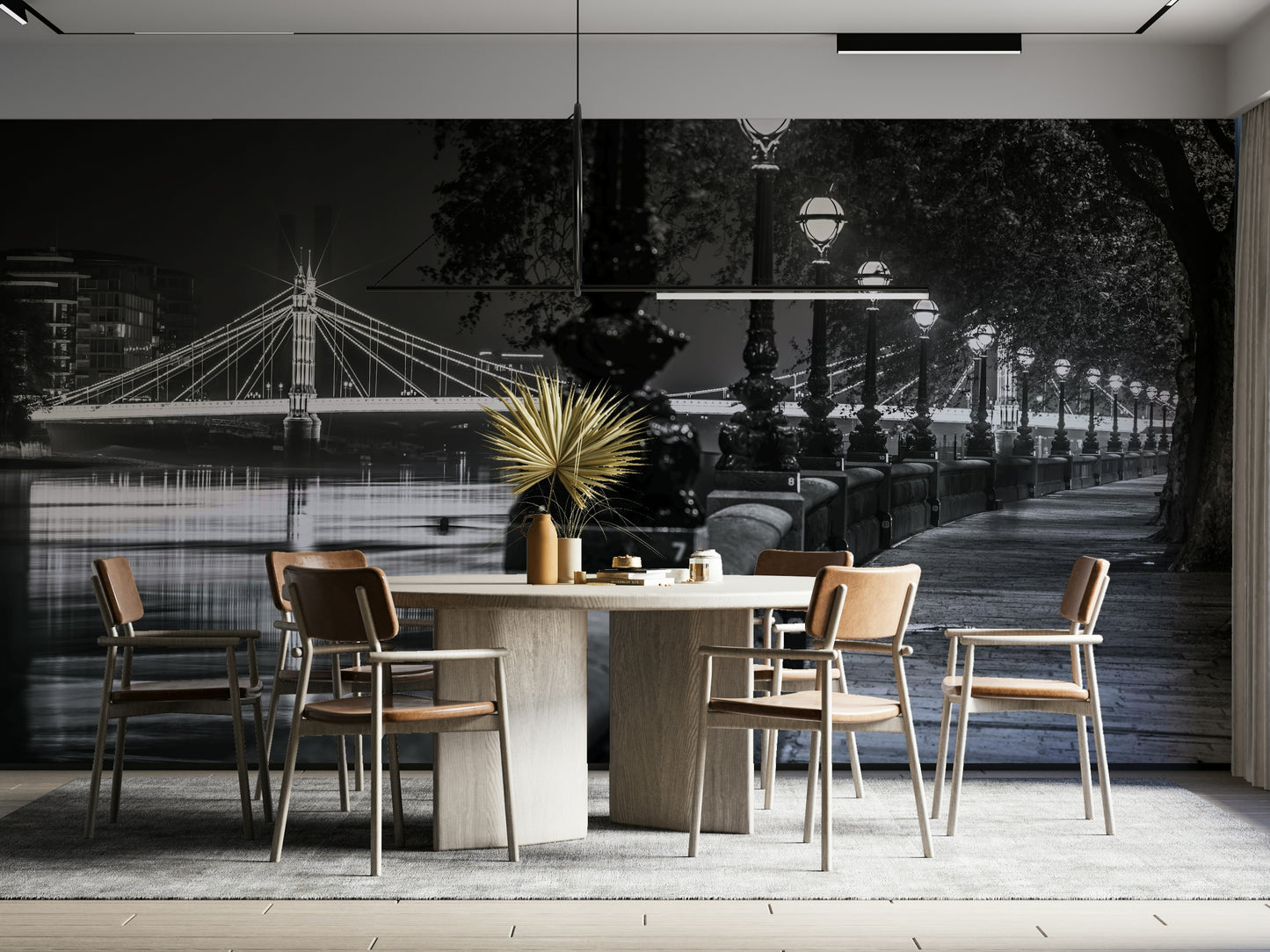 Ornate lampposts line the walkway, glowing softly.

