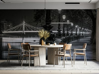 Ornate lampposts line the walkway, glowing softly.

