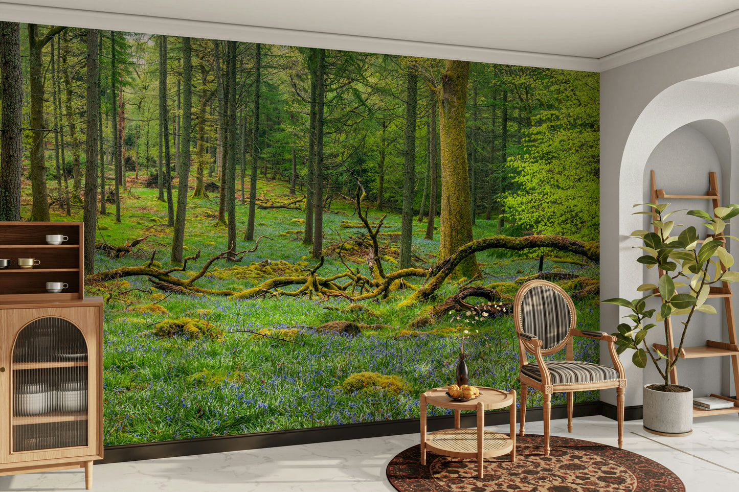 The image shows a full wall with many tall trees in a lush forest.

