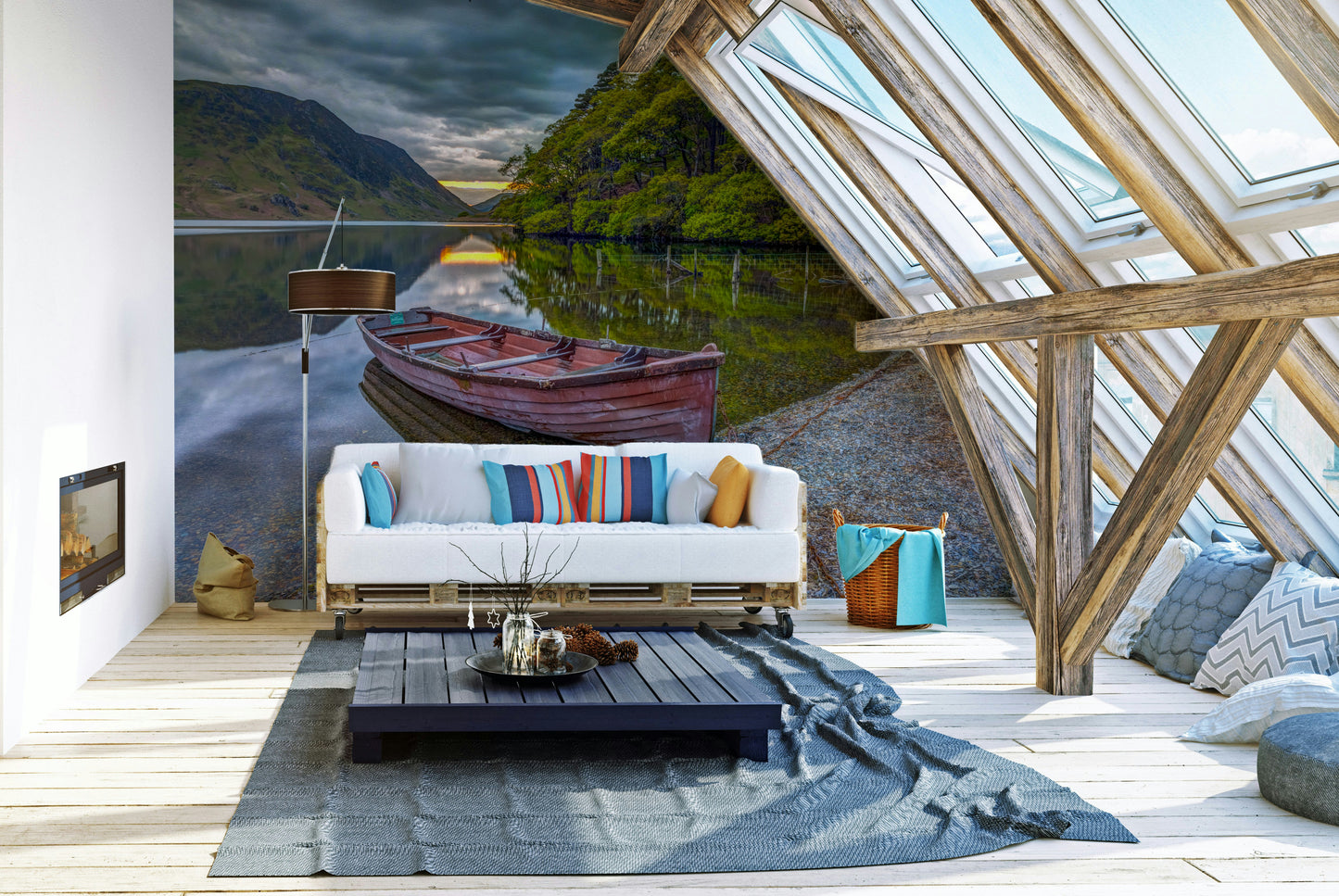 The lake is still, perfectly reflecting the trees and sky.

