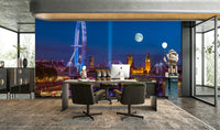 A wall mural featuring a peaceful, panoramic city view.

